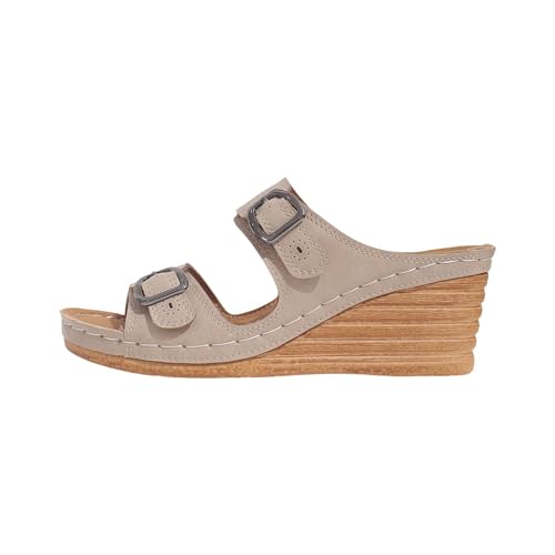 vejtmcc OrthopäDische Pantoletten FüR Damen, Mit Verstellbarem Riemen, Goldfarben, Empfindlicher Fuß, Kunstleder Holzpantoletten FüR Damen Clogs Schuhe Mit Absatz Bequeme Pantoletten von vejtmcc