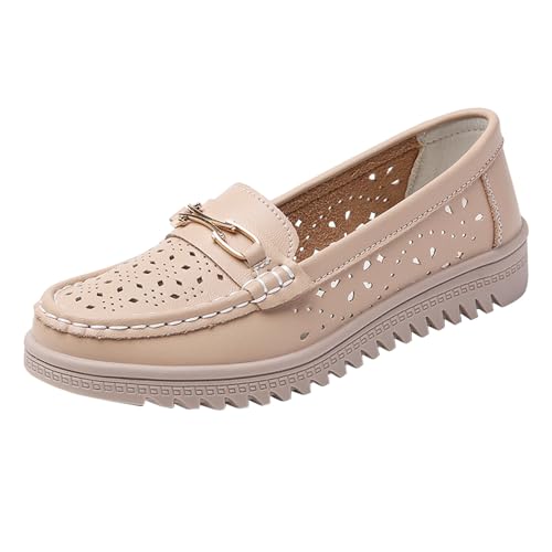 vejtmcc Orthopädische Damen-Slipper Aus Atmungsaktivem Leder Sommer Slip On-Slipper, Bequeme Lederschuhe Für Arbeit, Walking Mokassin-Schuhe Flache Lauflernschuhe Bootsschuhe Outdoorschuhe von vejtmcc