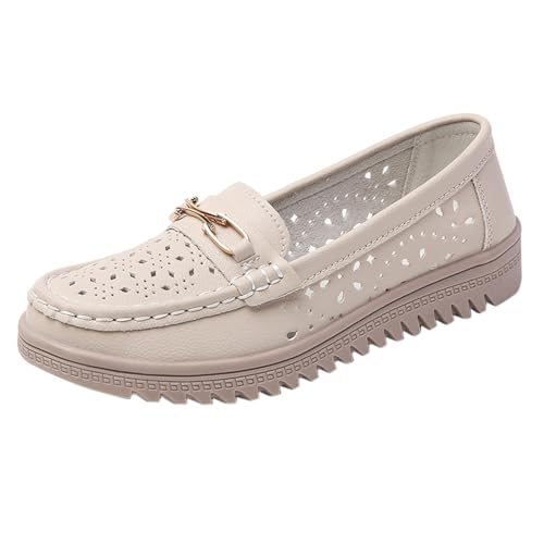 vejtmcc Orthopädische Damen-Slipper Aus Atmungsaktivem Leder Sommer Slip On-Slipper, Bequeme Lederschuhe Für Arbeit, Walking Mokassin-Schuhe Flache Lauflernschuhe Bootsschuhe Outdoorschuhe von vejtmcc
