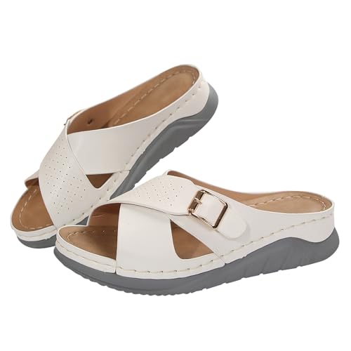 vejtmcc Pantoletten Mit Keilabsatz Damen Offene Sandalen Hausschuhe Cross Straps Slide Slip On Flip Flops FüR Damen, Leder FußBett Strandschuhe Cross-Tied Sommersandalen, Klassisch Flach Sandalen von vejtmcc