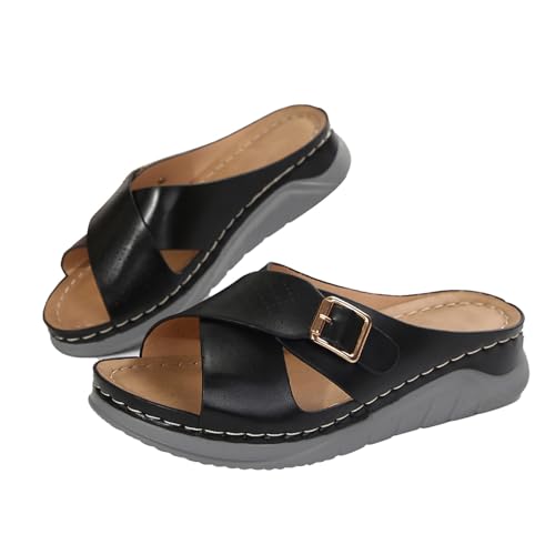 vejtmcc Pantoletten Mit Keilabsatz Damen Offene Sandalen Hausschuhe Cross Straps Slide Slip On Flip Flops FüR Damen, Leder FußBett Strandschuhe Cross-Tied Sommersandalen, Klassisch Flach Sandalen von vejtmcc