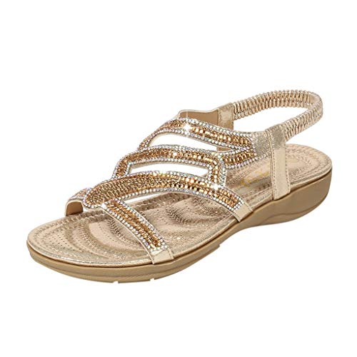 vejtmcc Sandalen Damen Mit Absatz Sommer Bequem And Elegant Sandalen Mit Strass Perlen Bohemia Strand Schuhe, Freizeit Flach Sandalette Sommer Elegant Zehentrenner Mit Weiche, Wandersandalen von vejtmcc