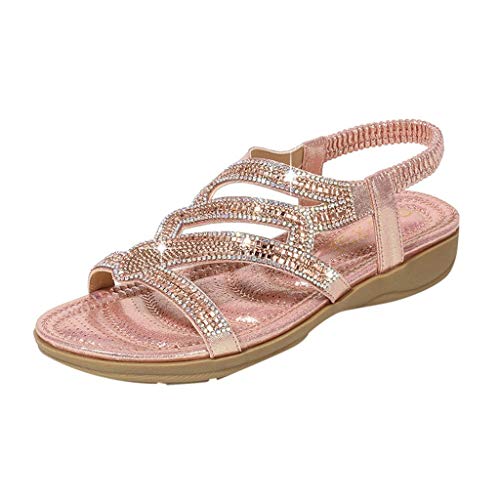 vejtmcc Sandalen Damen Mit Absatz Sommer Bequem And Elegant Sandalen Mit Strass Perlen Bohemia Strand Schuhe, Freizeit Flach Sandalette Sommer Elegant Zehentrenner Mit Weiche, Wandersandalen von vejtmcc