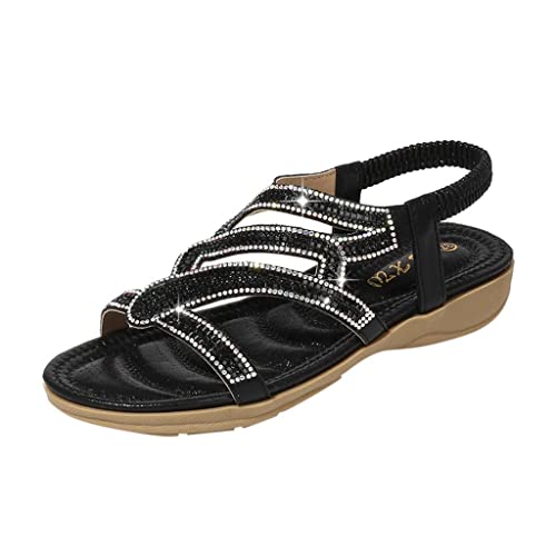 vejtmcc Sandalen Damen Mit Absatz Sommer Bequem And Elegant Sandalen Mit Strass Perlen Bohemia Strand Schuhe, Freizeit Flach Sandalette Sommer Elegant Zehentrenner Mit Weiche, Wandersandalen von vejtmcc