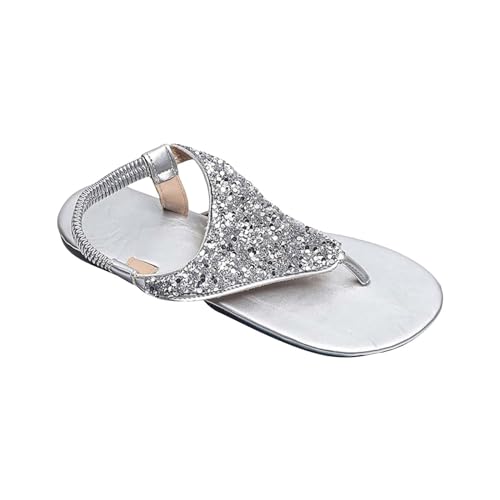 vejtmcc Sandalen Damen Sommer Elegant Flache Bohemia Sandalen Mit Strass T-Riemen Frauen Sandalen Weichen Sohlen Sommerschuhe, Glitzer Flip Flops, Gummiband Slingback Sandalen MäDchen Strandschuhe von vejtmcc