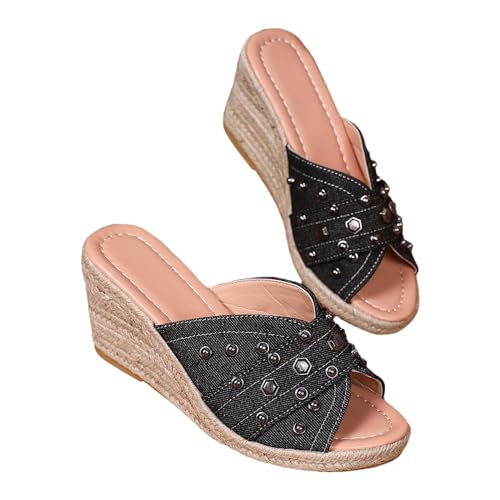 vejtmcc Sandalen Damen Sommer Elegant Sandaletten Casual Keilsandalen Mit Strass Perlen Pantoletten Peeptoe Wedge Hausschuhe, Frauen Vintage RöMische Sandalen, Bequeme & Outdoor Sandaletten von vejtmcc