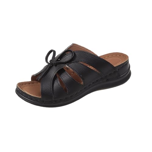 vejtmcc Sandalen Damen Weite Hausschuhe Sommer Gelenkschonend Und DäMpfend Leder Gesunde Schuhe Flache Sandalen Mit Fliege Dekoration, Leichte, Open Zehenkappe RöMersandalen, Rutschen, Hausschuhe von vejtmcc