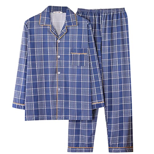 vejtmcc Schlafanzug Herren Lang Baumwolle Pyjama FüR Herren Klassisch Revers Knopfjacke Kariert Gestreift Krankenhaus-Pyjamas Pyjama Mit Knopfleiste Set Lang Warmer Winter Schlafanzug von vejtmcc