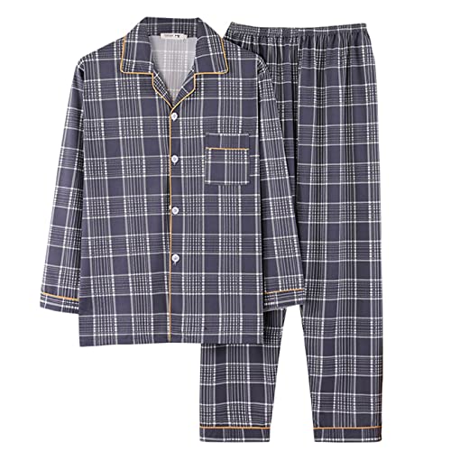vejtmcc Schlafanzug Herren Lang Baumwolle Pyjama FüR Herren Klassisch Revers Knopfjacke Kariert Gestreift Krankenhaus-Pyjamas Pyjama Mit Knopfleiste Set Lang Warmer Winter Schlafanzug von vejtmcc