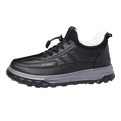 vejtmcc Winterschuhe Für Herren, Rutschfest Schwarze Stiefeletten, Leder Walkingschuhe Mit Pelz Zum Schnüren, Kurze Stiefel Bequem Outdoor Joggingschuhe Arbeitsschuhe Lässig Trekkingschuhe von vejtmcc