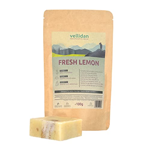 vellidan FRESH LEMON festes Duschgel, bio & vegan für Männer mit Lemongras. Feste Duschpflege, Duschseife, Naturseife, handgemachte Seife ohne Palmöl, 100g von vellidan