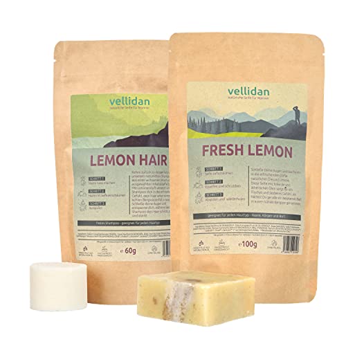 vellidan LEMON HAIR festes Bio-Shampoo für Männer mit Lemongras. Feste Haarpflege, bio, handgemacht, ohne Palmöl, 60g + 100g (Lemon Hair&Body) von vellidan