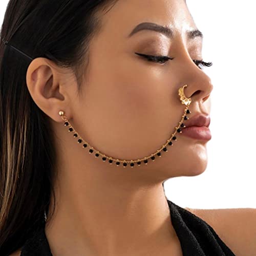 Vepoty Gefälschter Septum-Ring mit Kette, Nase-zu-Ohr-Kette, nicht durchdringender Nasenring, indischer Bauchtanz, Party-Körperschmuck für Frauen und Mädchen von Vepoty