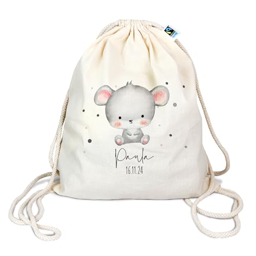 verschenkich | Turnbeutel aus Bio-Baumwolle | Motiv Tierkinder | mit Wunschname personalisiert | Sportbeutel | Wäschebeutel | Rucksack für Kinder mit Name und Datum (Tierkind | Maus) von verschenkich