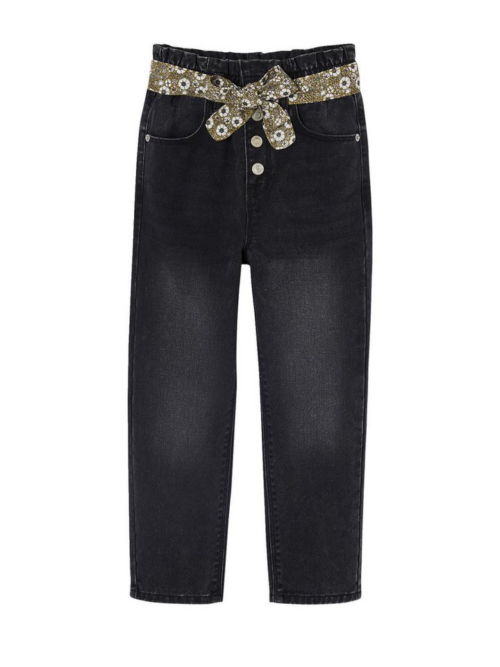 vertbaudet 7/8-Caprijeans Mädchen Paperbag-Jeans mit Blumen-Gürtel Bundweite verstellbar von vertbaudet