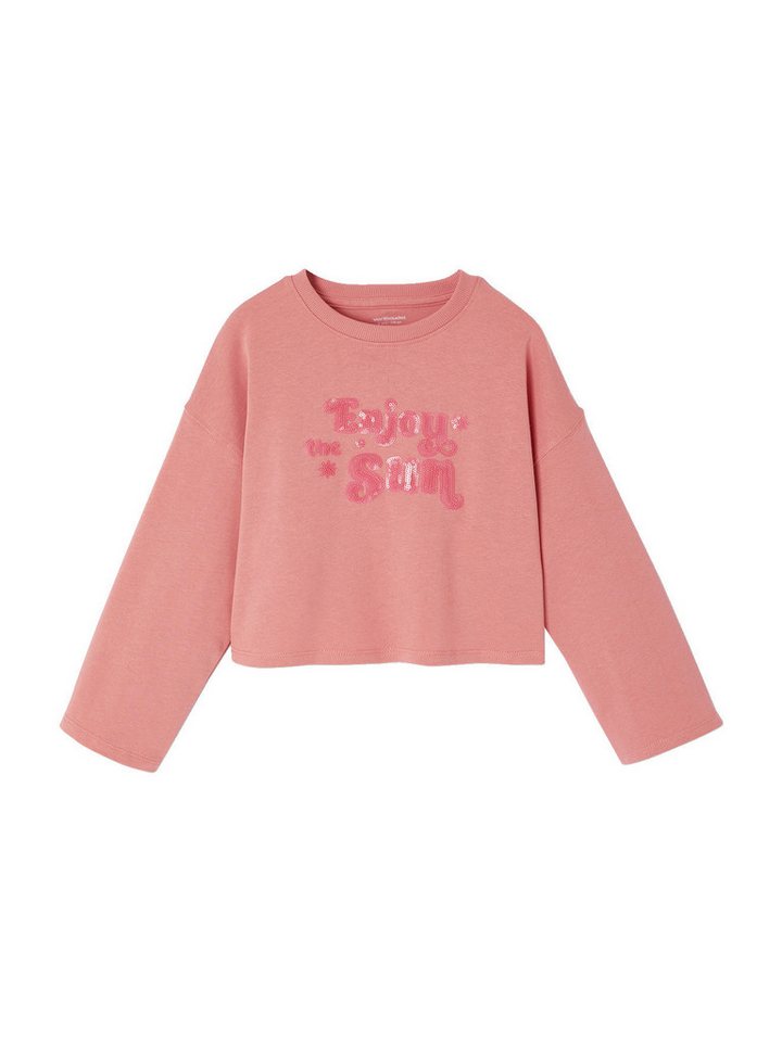 vertbaudet Langarmshirt Mädchen Cropped-Shirt mit Pailletten-Schriftzug Recycling-Baumwolle, Pailletten vertbaudet Langarmshirt Mädchen Cropped-Shirt mit Pailletten-Schriftzug Recycling-Baumwolle, Pailletten von vertbaudet