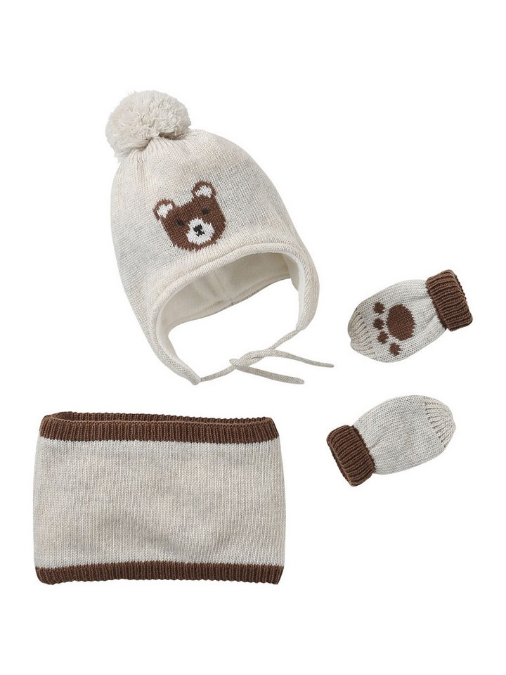 vertbaudet Mütze & Schal Baby Set: Mütze mit Bären, Snood und Fäustlingen von vertbaudet