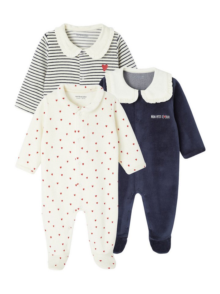 vertbaudet Schlafanzug Baby Samt-Strampler, Herzen 3er-Pack von vertbaudet