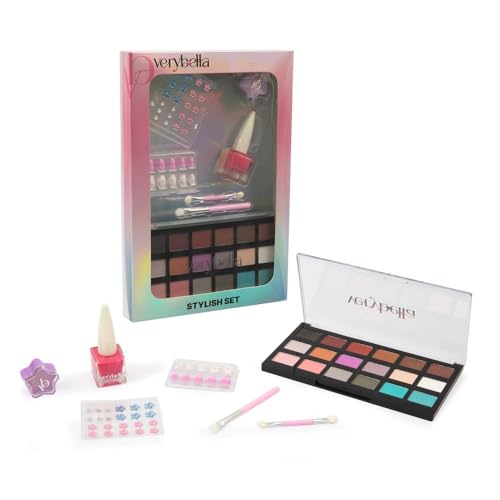 verybella Komplettes Make-up-Set mit Palette mit 18 Lidschatten-Farben, 2 Applikatoren, 1 Peel-Off-Nagellack, rosa Peel-Off-Nagellack, 1 Set künstliche Nägel mit Strass und 1 Lippenbalsam mit Glitzer von verybella