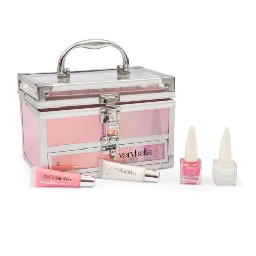 Verybella Make-up-Koffer mit Griff, 20 x 13 x 14 cm, innen Tablett und Schublade für Schmuck, inklusive 1 Palette mit 8 verschiedenen Lidschatten, 2 Applikatoren, 2 Peel-Off-Nagellack, 2 Lipgloss von verybella