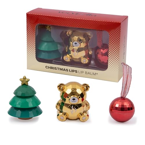 verybella - Lip Balm Weihnachtsset 3 Stück - Lippenbalsam in Form eines Weihnachtsbaumes, Bär, Weihnachtskugel - 2 Düfte Erdbeere und Vanille - Lippenbalsam pflegen und schützen - Geschenkidee von verybella