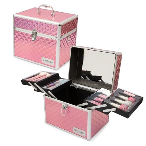 verybella Make-up-Koffer mit Schultergurt und Griff, 31 x 22,5 x 27 cm, mit 4 Ablagen auf zwei Ebenen, Spiegel, 4 Make-up-Pinsel, 1 Palette 18 Lidschatten, 4 Lip Gloss Erdbeere, 3 Peel-Off-Nagellacke von verybella