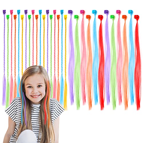 Vesaneae 30 Stück Kinder Bunte Haarsträhnen mit Haarclips, Bunte Haarsträhnen Kinder Haarschmuck Mädchen Nylon Geflochtene Haar, Neon Haarverlängerungen Clips für Geburtstagsfeierbevorzugungen von Vesaneae