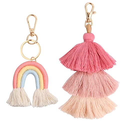 vesaneae 2 Stück Boho Regenbogen Schlüsselanhänger, Pom Pom Quaste Tasche Charm, Makramee Weben Regenbogen Quaste Schlüsselanhänger Regenbogen, Tasche Anhänger Keychain für Frauen Mädchen, Rosa von Vesaneae