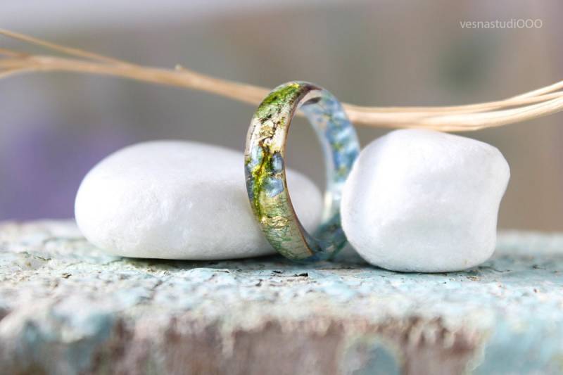 Vergissmeinnicht Ring Birkenrinde Harzring Holzring Ehering Naturring Silber Verlobungsring Waldschmuck Blauer Schmuck Geschenk Für Sie von vesnastudiooo