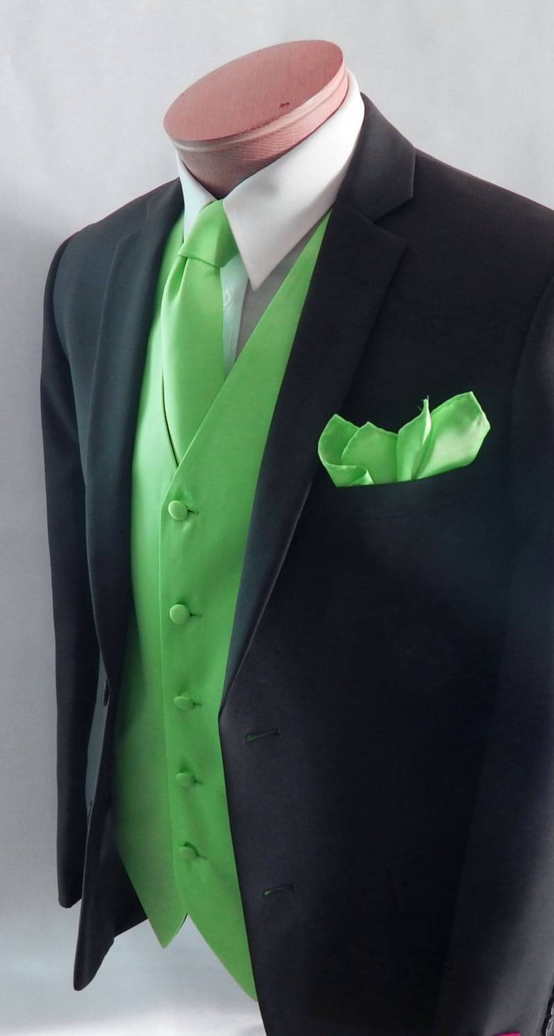 Herren Weste Frühlingsgrün Glatt Satin Mit Verdeckten Knöpfen Kommt Passender Krawatte Und Tasche Quadratisch Schwarz Verstellbar Rückseite von vesterrific