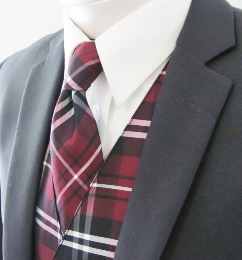 Mens-Weste Bordeaux Merlot Schwarz Und Weiß Kariertem Tartan Volle Rückseite 2 Stück Weste von vesterrific