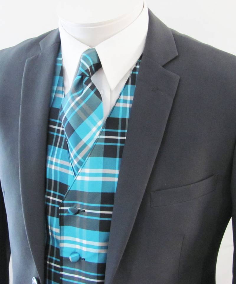 Mens Weste Türkis Schwarz Und Weiß Kariertem Tartan Volle Rückseite 2 Stück Mens Weste Türkis Schwarz Und Weiß Kariertem Tartan Volle Rückseite 2 Stück von vesterrific