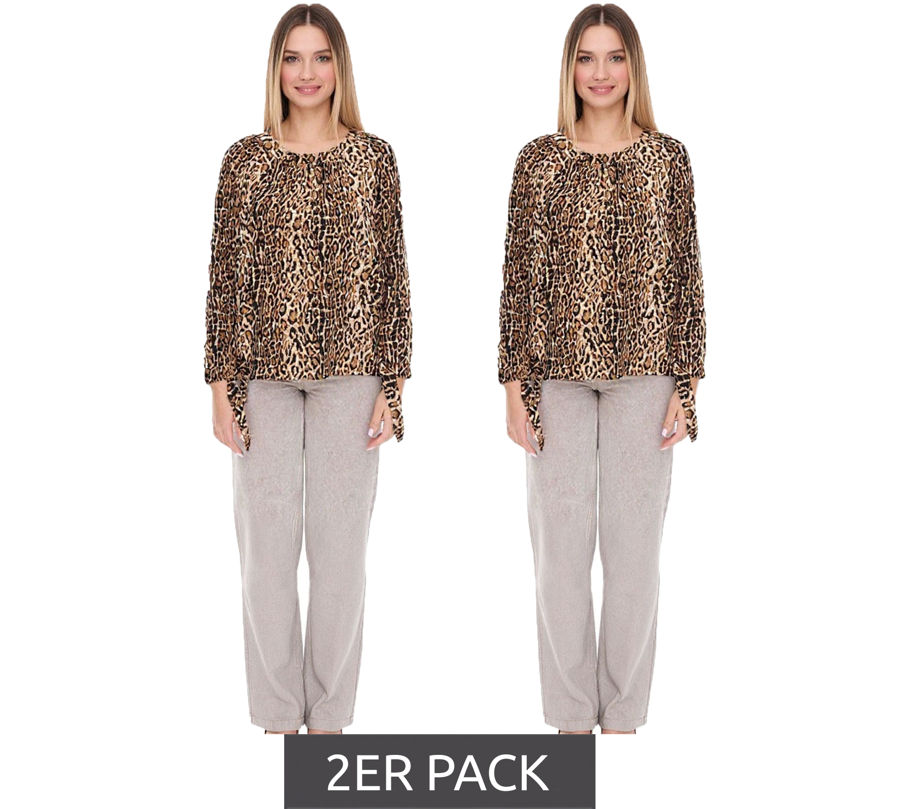 2er Sparpack vestino Damen Bluse Off-Shoulder Carmen-Bluse mit Leoparden-Print Sommer-Shirt 900319 Beige/Schwarz von vestino