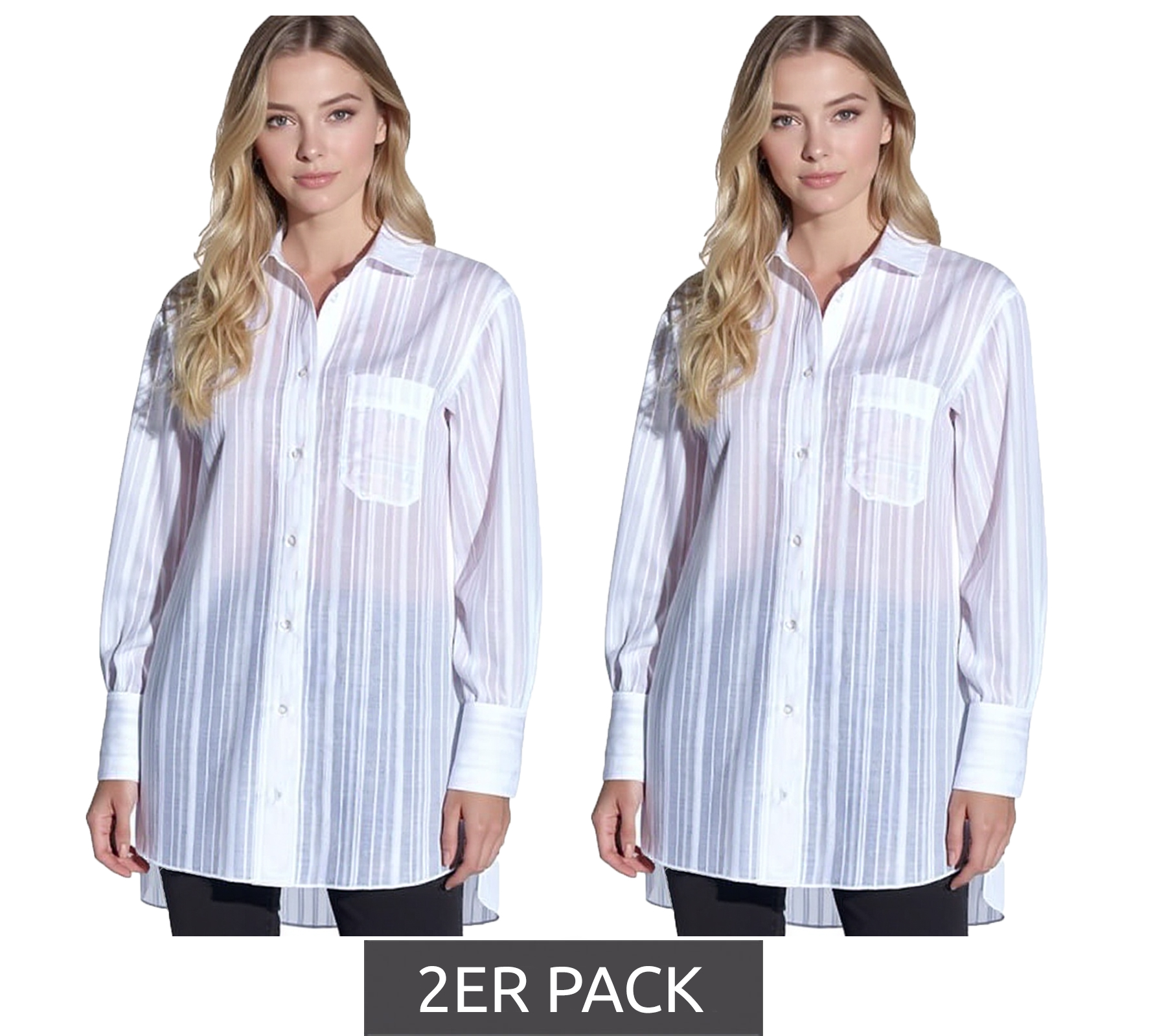 2er Sparpack vestino Damen Oversized Bluse im Boyfriend Style Transparent mit Strukturstreifen Sommer-Bluse 900600 Weiß 2er Sparpack vestino Damen Oversized Bluse im Boyfriend Style Transparent mit Strukturstreifen Sommer-Bluse 900600 Weiß von vestino