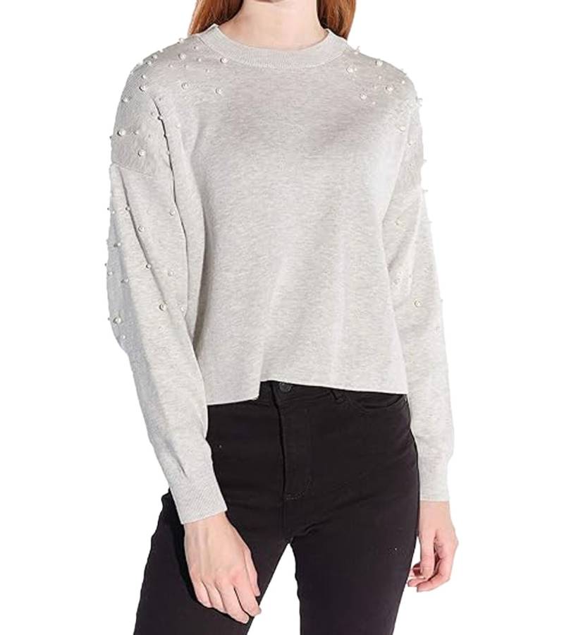 vestino Damen Cropped-Pullover mit genieteten Perlen Strick-Sweater 901148 Grau von vestino