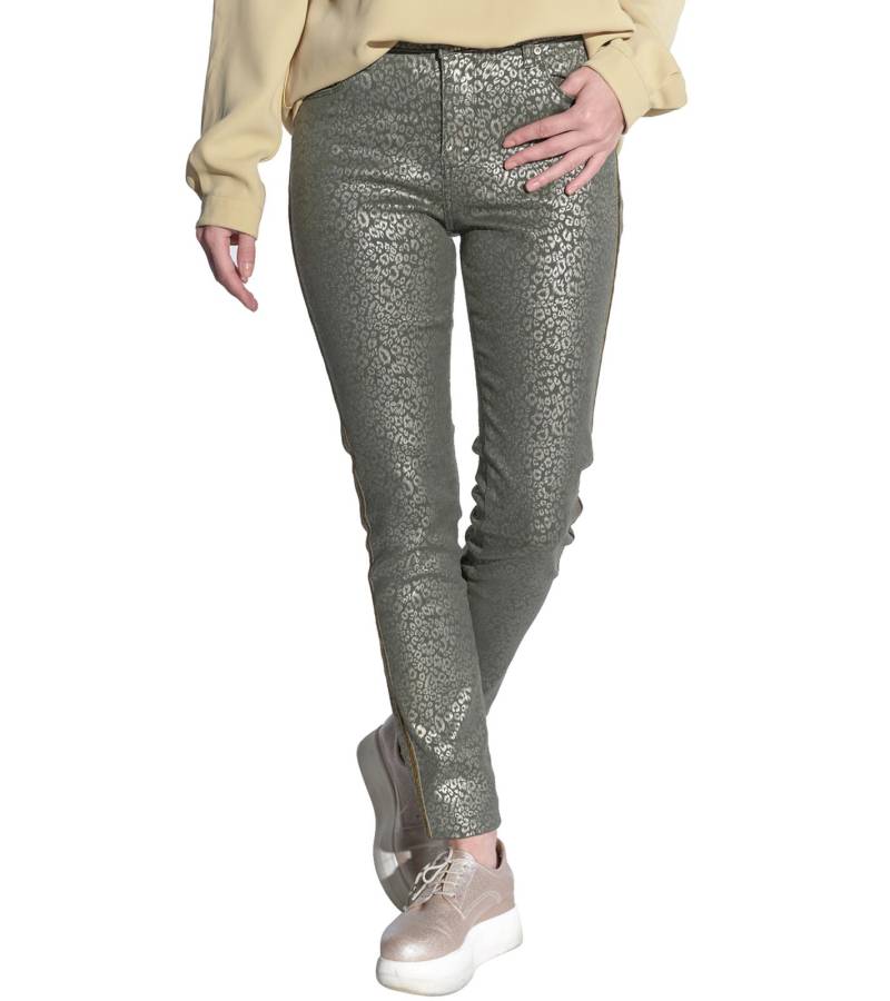 vestino Damen Leo-Print Hose mit schimmernden Details und Zierstreifen Freizeit-Hose Herbst-Hose 900828 Grün von vestino