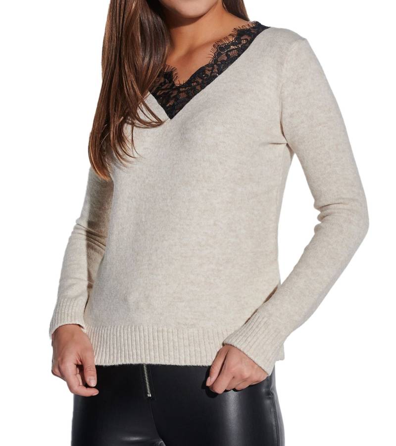 vestino Damen Strick-Pullover mit Spitzeneinsatz Alltags-Pullover Sweater 901328 Beige von vestino