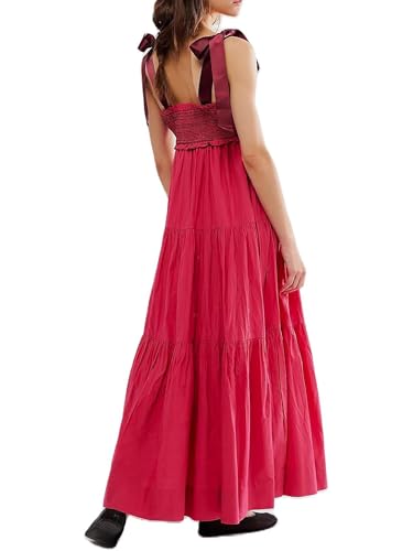 Damen-Sommerkleid, fließend, Boho-Blumendruck, Schulterriemen, ärmellos, gesmokt, langes Kleid, schwingendes A-Linien-Sommerkleid, B-Rot, M von vewoza