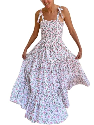 Damen-Sommerkleid, fließend, Boho-Blumendruck, Schulterriemen, ärmellos, gesmokt, langes Kleid, schwingendes A-Linien-Sommerkleid, K-pink, M von vewoza