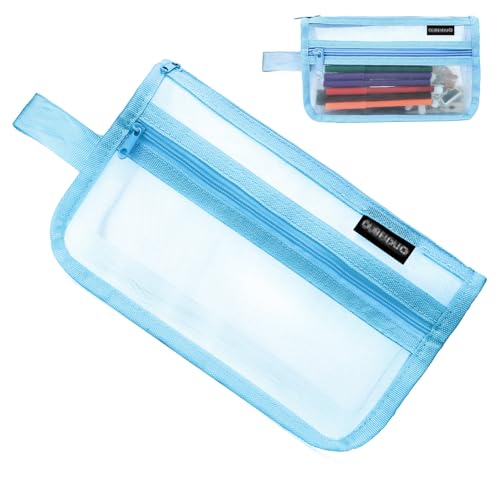 Durchsichtiges Netz-Federmäppchen,Blau Gitternetz-Federmäppchen Mit Griff Und Reißverschluss,Etui Schule Groß Kapazität,Clear Exam Pencil Pouch,Transparente Schreibwaren-Make-up-Tasche Für Reisen,Büro von veyaltedl
