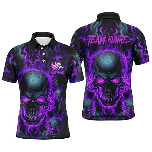 Benutzerdefinierte Bowling Polo & Quarter Zip Shirts Männer & Frauen Lila Flamme Schädel Team Bowling Trikots Halloween Outfits I5380 von vhasport