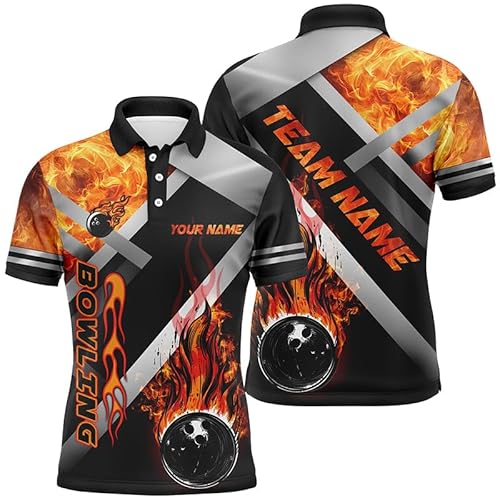 Herren & Damen Bowling Polo & Quarter Zip Shirt Benutzerdefinierte Schwarze Bowlingkugel Flame Bowling Team Trikots, Geschenk für Bowler N7432 von vhasport