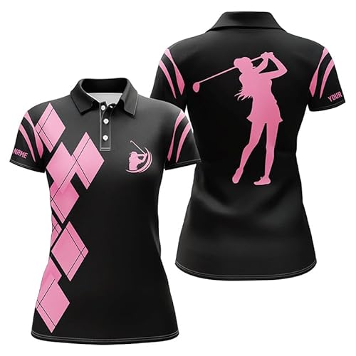 vhasport Damen Golf Poloshirt in Schwarz und Pink mit Argyle Muster - Personalisierte Golfbekleidung N7401 von vhasport