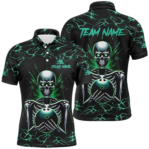 vhasport Grüne Bowling-Trikots mit Totenkopf-Blitz und Polo & Viertelreißverschluss für Männer & Frauen, Benutzerdefinierte Bowling-Trikots fürs Team, Geschenk für Bowler N7304 von vhasport
