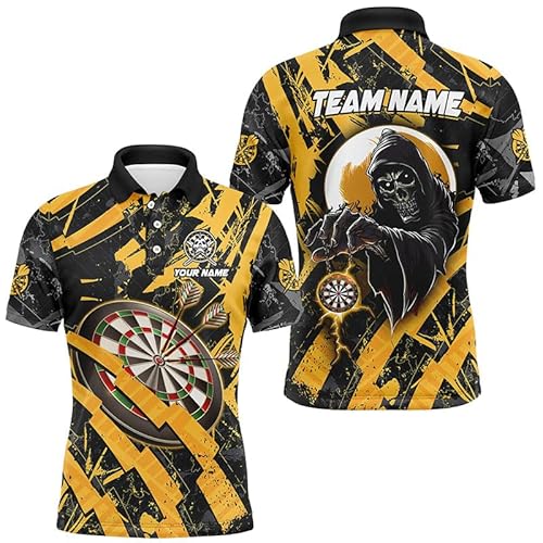 vhasport Personalisierte Grunge-Gelbe Dartboard-Skelett-Dartshirts für Herren & Damen - Coole, maßgeschneiderte Dart-Team-Trikots T1960 von vhasport