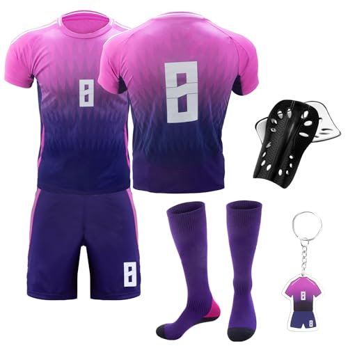 Fußballtrikot für Kinder, Nr.8 Kinder Fußball Trikot Set, Auswärts Fußballtrikot für Kinder mit Trikot, Shorts, Socken, Knieschoner und Schlüsselanhänger für Kinder und Jugendliche von viallolipa