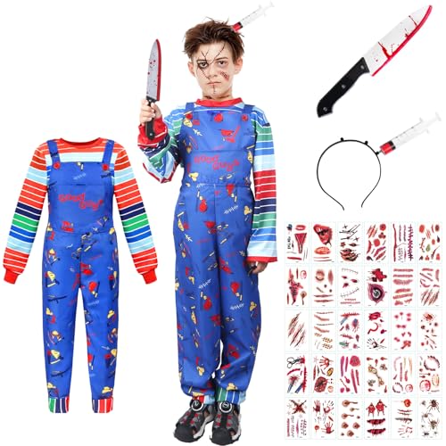 viallolipa Chucky Kostüm Kinder, Mörderpuppe Kostüm, Gruselige Halloween Kostüme mit Simuliertem Messer Haarband Tattoo Aufkleber Requisiten für Jungs Mädchen Cosplay 140 von viallolipa