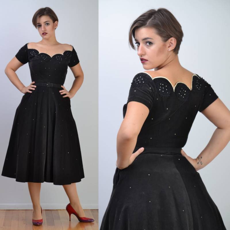 Vintage 50Er Jahre Party-Kleid | Schwarze Spitze + Strass Full Circle Rock Kleid Hochzeit Überbackene Mieder Vintage 50Er Jahre Party-Kleid | Schwarze Spitze + Strass Full Circle Rock Kleid Hochzeit Überbackene Mieder von viavintageco