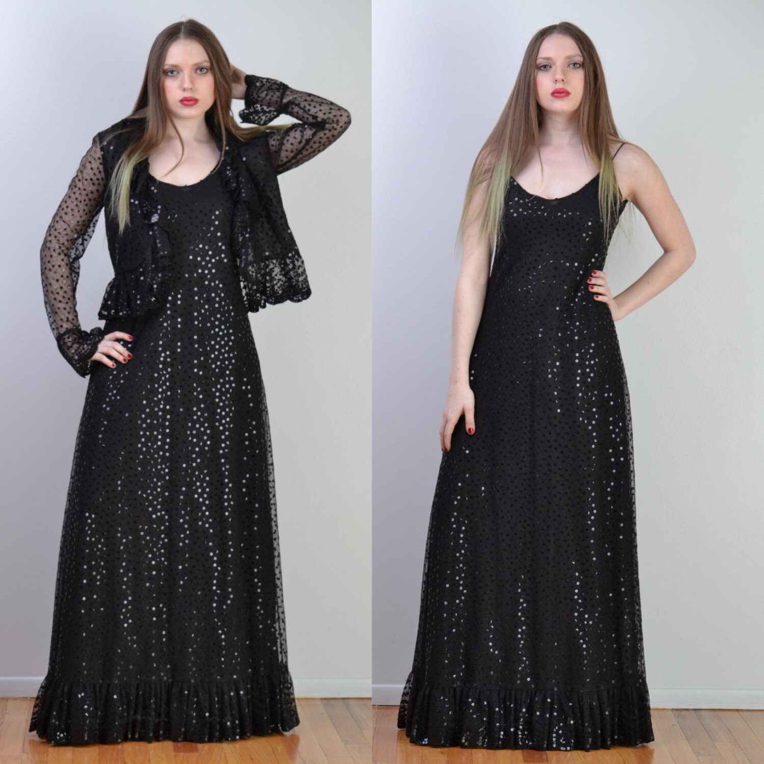 Vintage 70Er Jahre Ruben Panis Paillettenkleid | Schwarze Pailletten + Lace Maxi Party Kleid Jacke Couture-Vintage von viavintageco