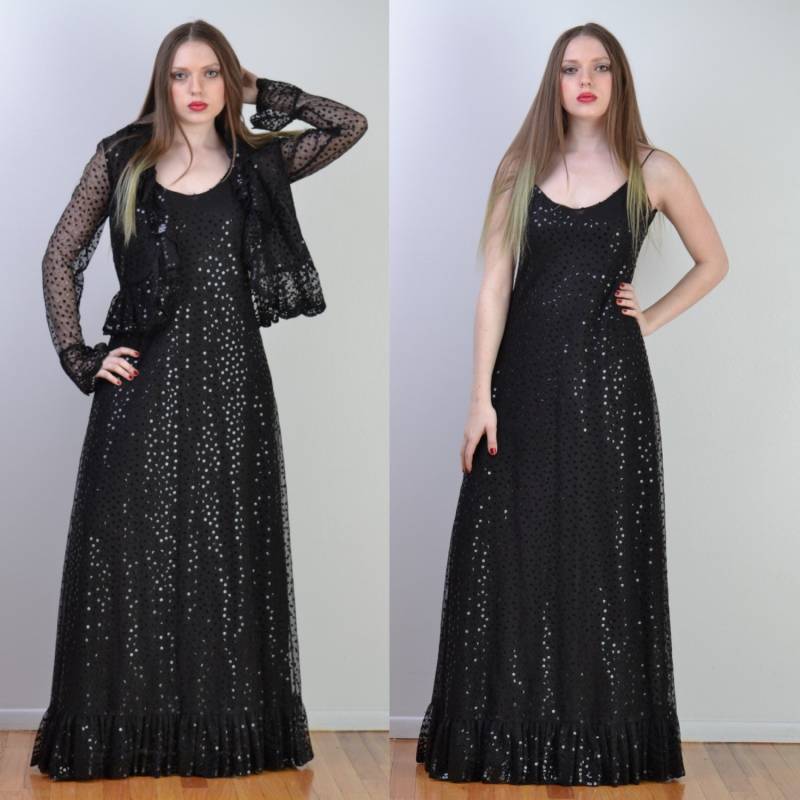 Vintage 70Er Jahre Ruben Panis Paillettenkleid | Schwarze Pailletten + Lace Maxi Party Kleid Jacke Couture-Vintage Vintage 70Er Jahre Ruben Panis Paillettenkleid | Schwarze Pailletten + Lace Maxi Party Kleid Jacke Couture-Vintage von viavintageco
